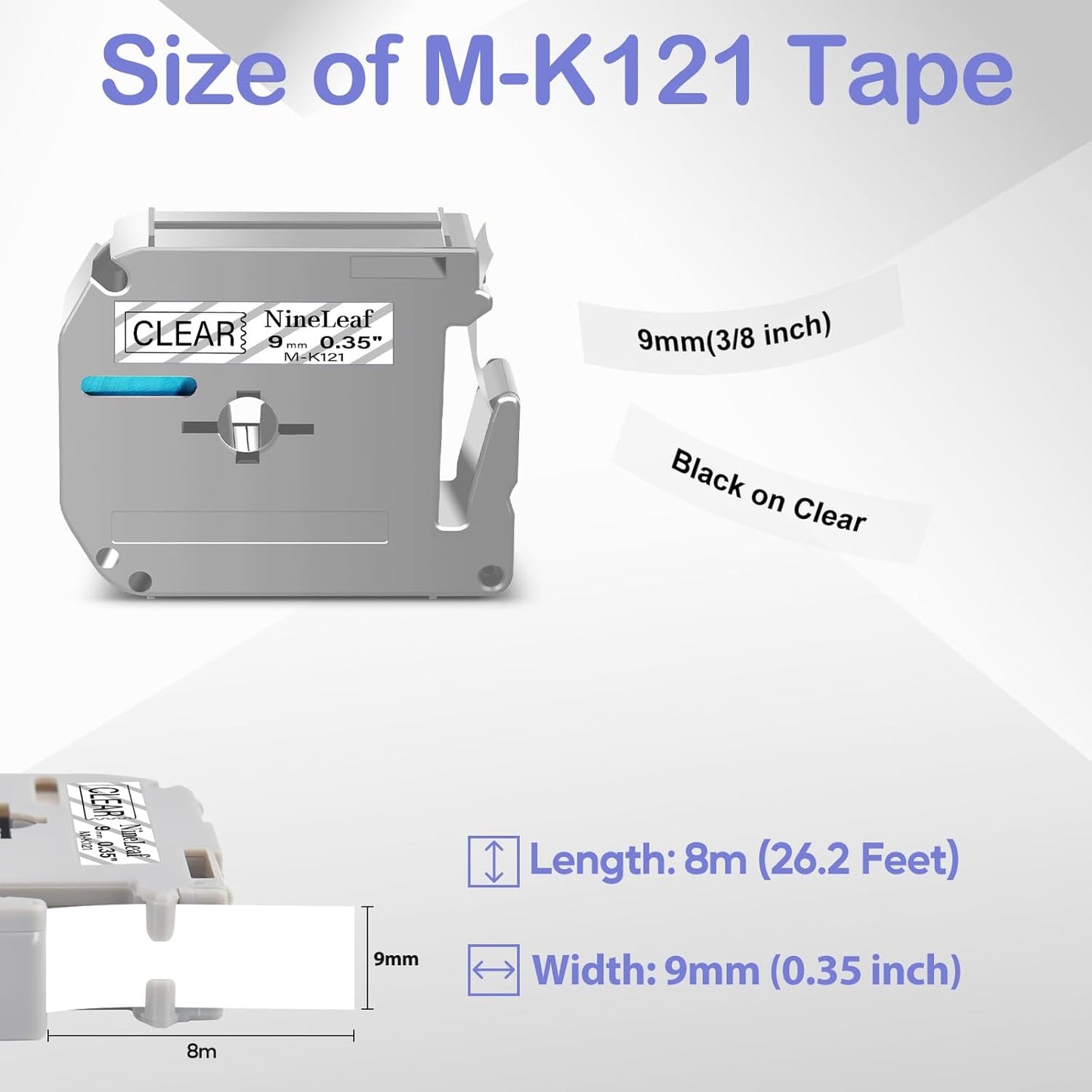 NineLeaf 4 Pack Compatible for Brother P-Touch M Label Tape MK121 M-K121 M121 Black on Clear 3/8" (9mm) x 26.2ft (8m) Labeling Refill Cartridge Work in PT-45M PT-65 PT-70 PT-80 PT-M95 Label Maker