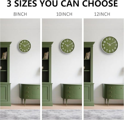 Wall Clocks Battery Operated, 12 Inch Non Ticking Wall Clock, Silent Analog Clock for Bedroom Living Room Kitchen Office Gym Classroom Decor, Large Number Clocks for Seniors, Olive Green
