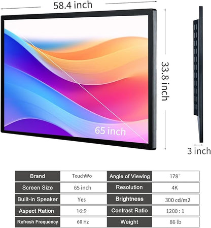 65 inch Interactive Touchscreen Monitor, Smart Board with 4K Display, Win-10 Electronic Whiteboard Touch Screen PC for Office and Classroom, Core i5 RAM 4G & ROM 128G