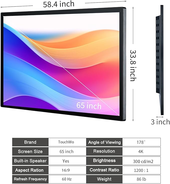 65 inch Interactive Touchscreen Monitor, Smart Board with 4K Display, Win-10 Electronic Whiteboard Touch Screen PC for Office and Classroom, Core i7 RAM 8G & ROM 256G