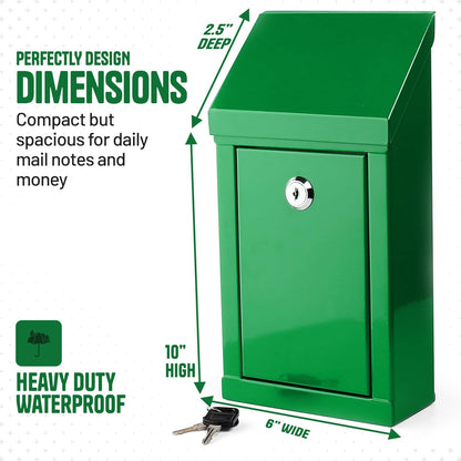 Metal Donation Box-Suggestion Box with Slot and lock-Cash Lock box for Money-Waterproof Drop Box-Comment and ballot voting box-comes with pre-drilled holes for easy wall mounting 10 X 6 X 2.5"(Green)
