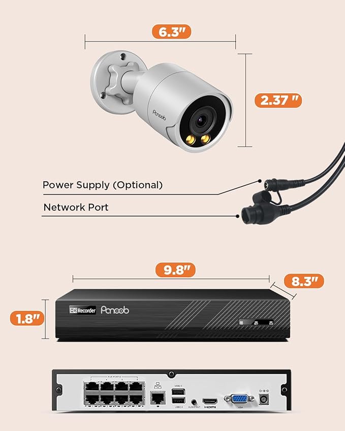 PoE Security Camera System, 4X 5MP Wired Home Bullet IP Cameras Built-in microphone, Human Vehicle Detection, Smart Color Night Vision, 8 Channel 4K NVR 2TB HDD for 24/7 Recording, PB38F0408-5M