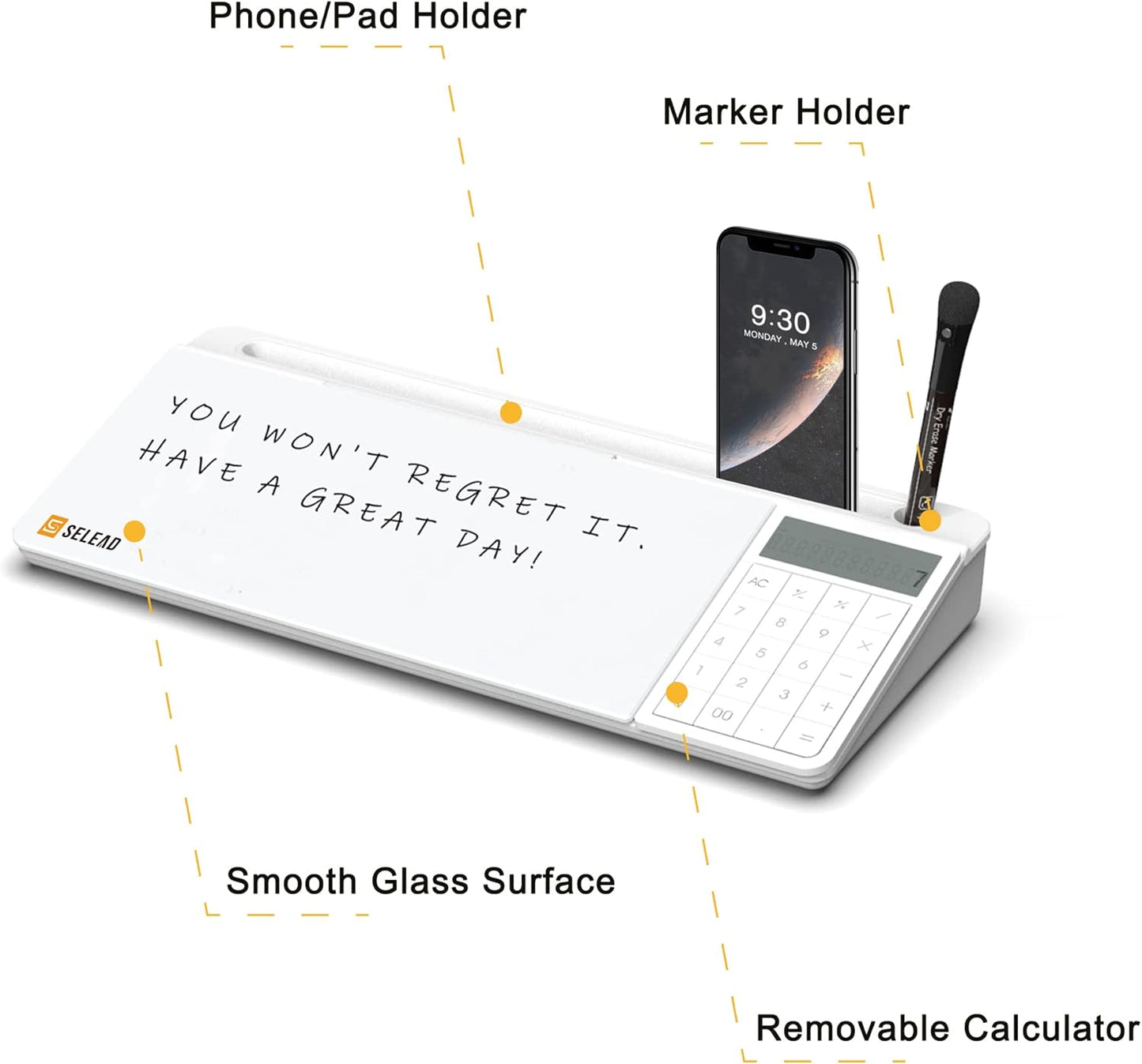 SELEAD Desktop Glass Whiteboard with Calculator, Organizer, Markers, Eraser, Holder - Small Dry Erase White Board Computer Pad Keyboard Stand Desk Drawer Accessories for Home, School, Office