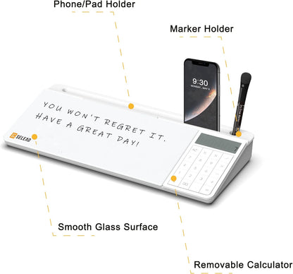 SELEAD Desktop Glass Whiteboard with Calculator, Organizer, Markers, Eraser, Holder - Small Dry Erase White Board Computer Pad Keyboard Stand Desk Drawer Accessories for Home, School, Office