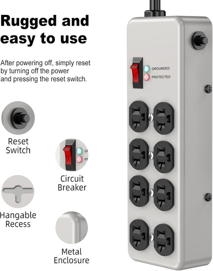 HEZI 20A Power Strip Surge Protector Durable Metal 8-Outlet with Heavy Duty 20 Amp Extension Cord,12 Gauge for Garage,Workshop & Industrial Use with 6-20R T-Slot Outlets,4800J(Grey,6FT)