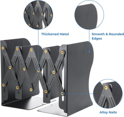 M&G Adjustable Bookends Book Ends for Shelves, Metal Bookend for Heavy Books, Desk Magazine File Organizer Holder Extends up to 20in, Book Stopper for Home, Office, Classroom (Black)