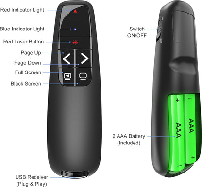 Presentation Clicker with Case Storage: Wireless Presenter Remote: Red Laser Pointer Computer Clickers, USB C PowerPoint PPT Clicker for Mac Laptop, Slideshow Google Slide Advancer