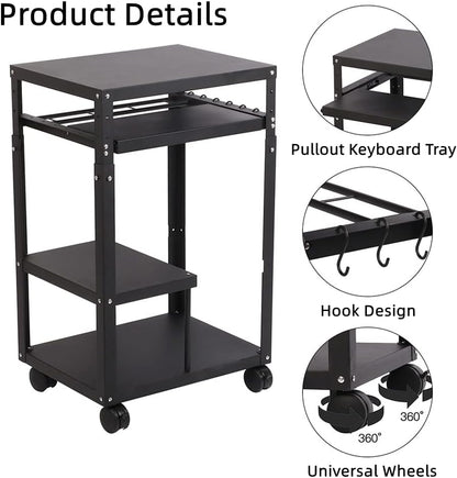 tonchean AV Presentation Cart with Keyboard Tray, Heavy Duty Mobile Workstation Presentation Cart for Video Projector, Laptop Computer, Media Cart for School Classroom Office（Black）