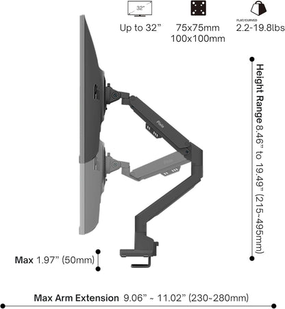 Pixio PS1S Wave Black Single Monitor Arm Stand Desk Mount - Fits up to 32 inches Monitors and up to 19.8lbs. VESA Compatibility and Integrated Cable Management