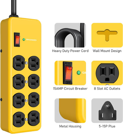 Wall Mount Power Strip,8 Outlet Heavy Duty Power Strip with 2700 Joules Surge,15Amp Metal Mountable Surge Protector for Home,Office,Garage & Workshop,14AWG Extension Cord
