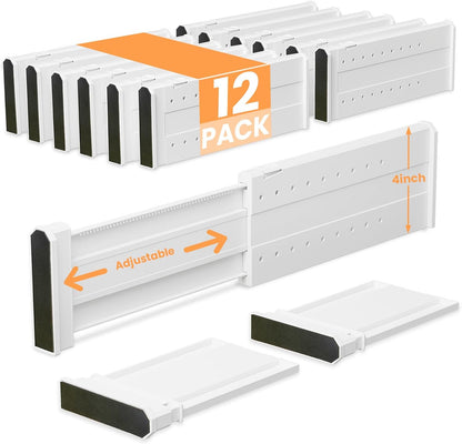 REBECAT 12 Pack Drawer Dividers for Clothes Adjustable Drawer Dividers 4" High Expandable from 11"-17" for Dresser Baby Clothes Bathroom Bedroom Kitchen and Office Storage，White