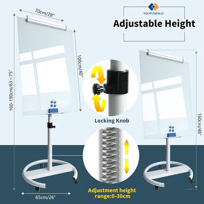 Rolling Writeboard Premium Tempered Magnetic Glass Whiteboard 40"x28" Rolling Dry Erase Board with Tempered Glass Surface Adjustable Height Multi-Use Standing (White)