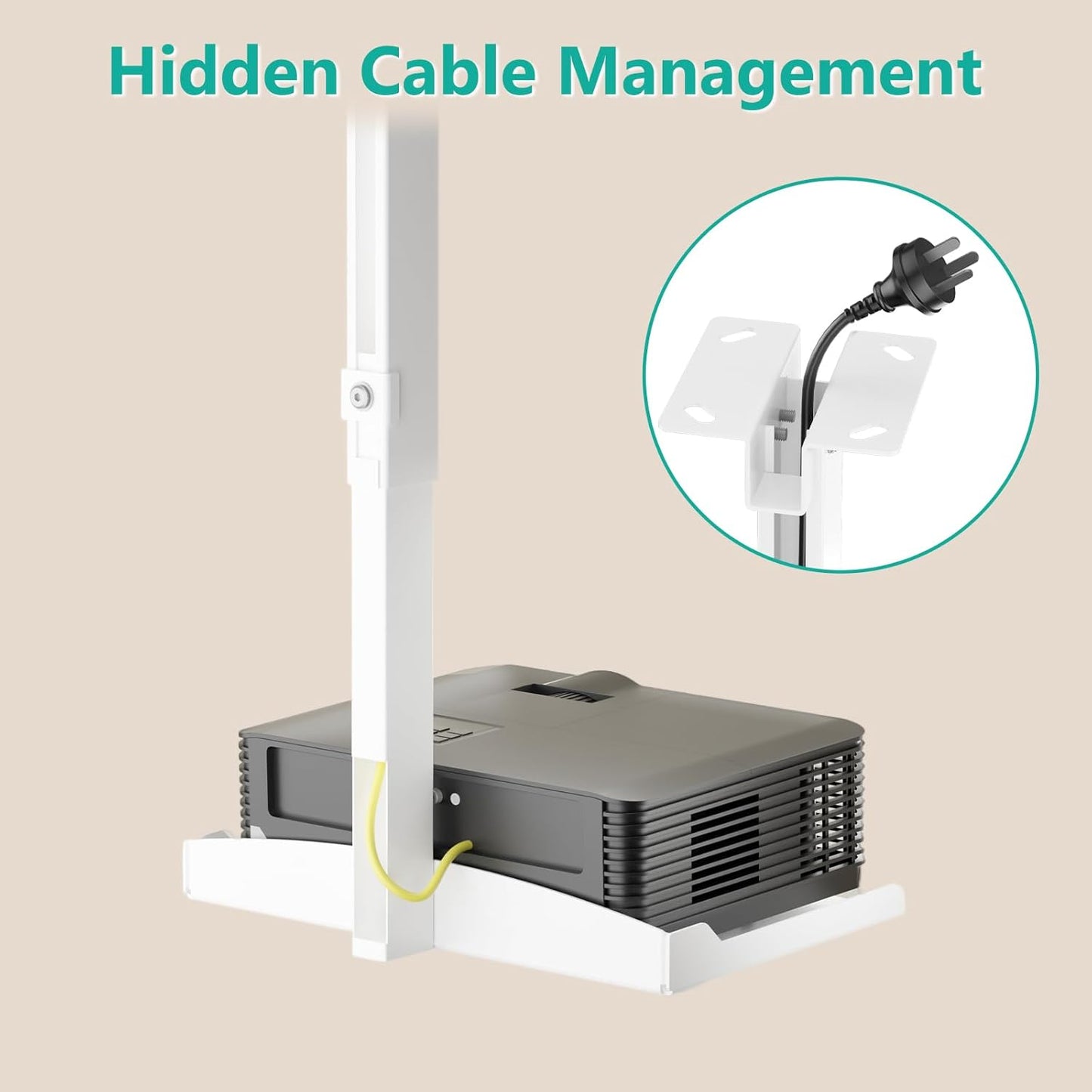 WALI Projector Ceiling Mount Tray，Projector Wall Mount Holds up to 22lbs，Height Adjustable Universal Projection Mount Tray 13.7'' x 8.6'', No Hole Installation, Hidden Cable Routing, White (PM-005-W)