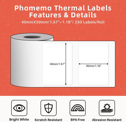 Phomemo 690 PCs Thermal Label - 1.57'' x 1.18'' (40x30mm) Labels Tape for M110/M220/M108/M250/M260/M120/M200/M221/M150/M160 Label Maker, Multipurpose Barcode Stickers, 230 Pcs/Roll