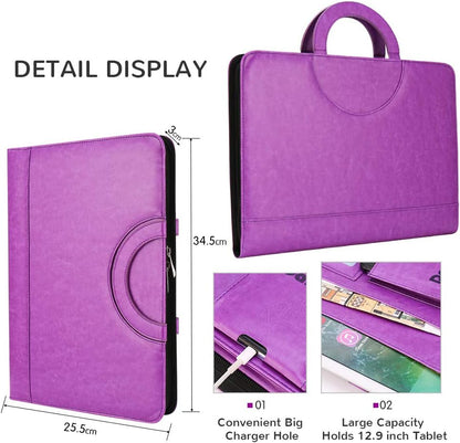 Darolin Zippered Leather Padfolio Portfolio with Hidden Handle and Clipboard, Business Conference Organizer Notepad Folder, Portfolio Bag, Padfolio for Women/Men (Purple)