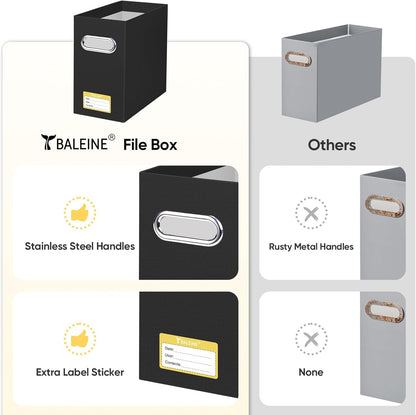 BALEINE File Organizer Box, Cardboard File Folder Organizer with Handle for Letter Size, Portable Collapsible Hanging Filing Box for Home Office Document Storage (4 Pack, Black)