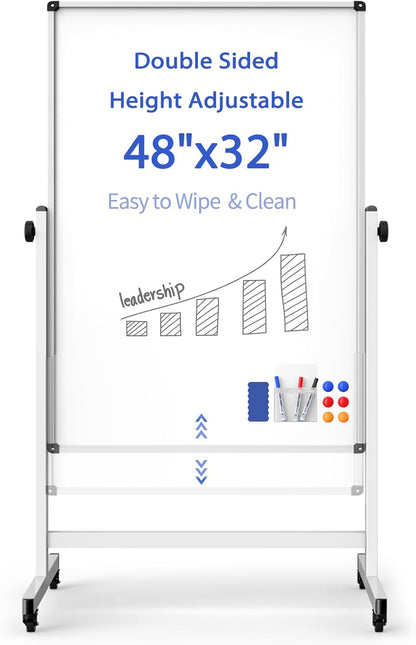 Rolling Whiteboard on Wheels, Double-Sided Magnetic Dry Erase Board with Stand, Mobile White Board for Office, Classroom, Home (32" x 48")