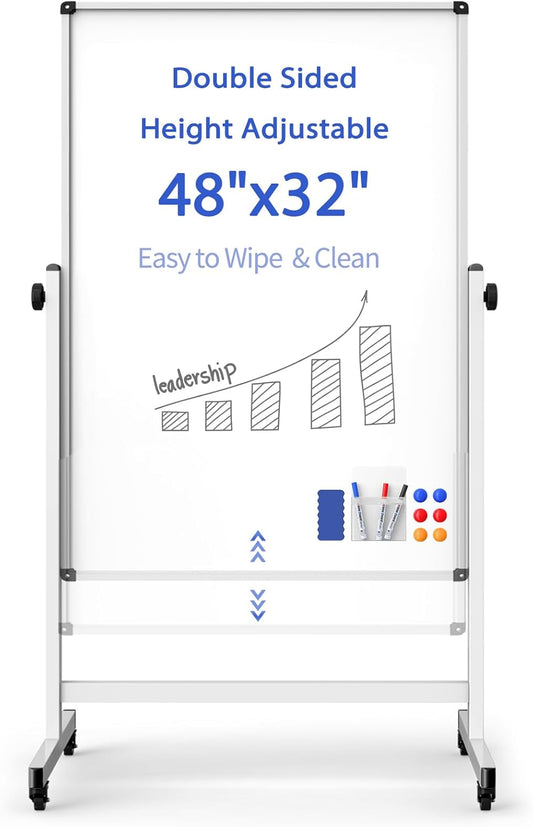 Rolling Whiteboard on Wheels, Double-Sided Magnetic Dry Erase Board with Stand, Mobile White Board for Office, Classroom, Home (32" x 48")