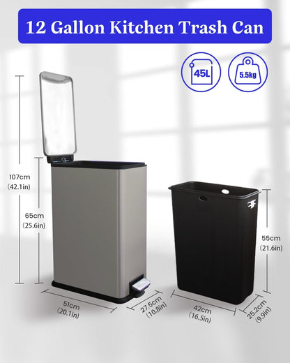 12 Gallon Slim Kitchen Trash Can, Stainless Steel Trash Can with Removal Inner Bucket and Soft-Close Lid, Pedal Garbage Can 45 Liter, Grey