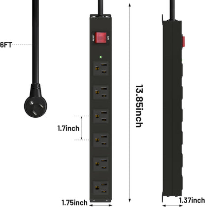 KF Matel 6 Outlet Power Strip Surge Protection 2100J, Heavy Duty Wide Space Power Strip with Flat Plug, 14AWG 6FT Extension Cord for Home, Garage, Shop