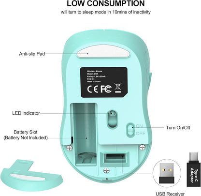 WisFox 2.4G Wireless Mouse for Laptop, Ergonomic Computer Mouse with USB Receiver and Type-C Adapter, 3 Adjustable Levels DPI, 6 Button Cordless Wireless Mice (Mint Green, 1 Pack)