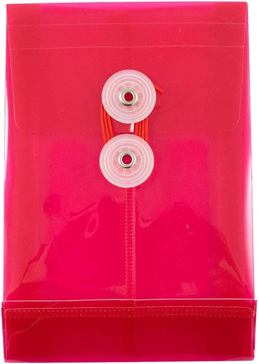 JAM PAPER Plastic Envelopes with Button & String Tie Closure - 4 1/4 x 6 1/4 - Pink - 12/Pack