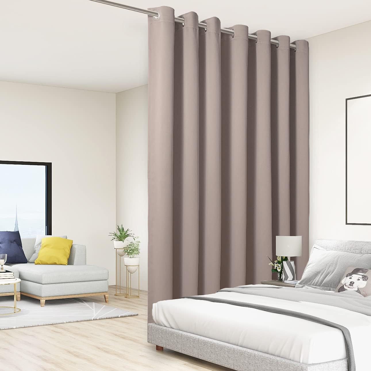 BONZER Room Divider Curtain Total Privacy Wall Noise Reducing Wide Blackout Curtains for Patio Sliding Glass Door, 84L x 108W Inch (7L x 9W ft), 1 Panel, Khaki