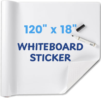 Whiteboard Sticker for Wall, 120" x 18" No Ghosting Peel and Stick Dry Erase White Board Roll, Stain-Proof Self-Adhesive Whiteboard Paper for Home, Office, Classroom