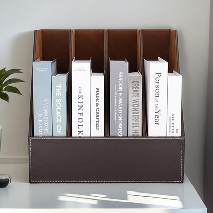 KINGFOM 4-Slot Wood Leather Document Files Holder Rack Stand Desk Files Organizer Papers Collection Cabinet (4 slot brown)