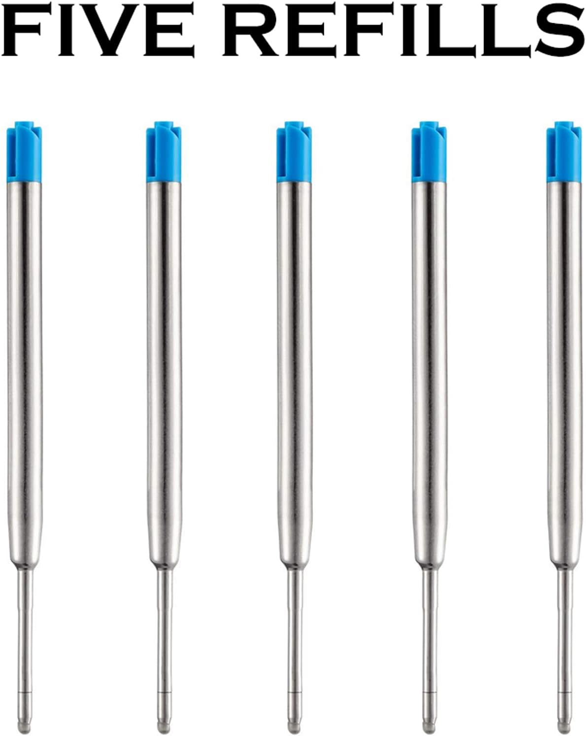 HeTaoCat Blue Ink Refill Pack of 5, Replaceable Ballpoint Pen Refills, Medium Point Metal Refil (Blue)