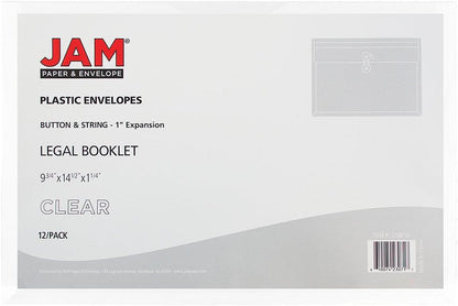 JAM PAPER Plastic Envelopes with Button & String Tie Closure - Legal Booklet - 9 3/4 x 14 1/2 - Clear - 12/Pack