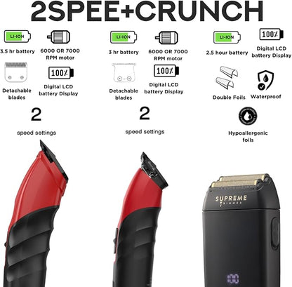 Supreme Trimmer 3-in-1 Barber Bundle | 2Spee Clipper, 2Spee Trimmer & Crunch Foil Shaver | Professional Beard Trimmer Men’s Hair Clipper Kit | Red
