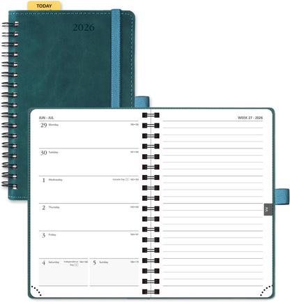 POPRUN 2026 Planner Weekly Notebook (Jan-Dec), Small Size 4''x 6.25'' - 2026 Pocket Calendar for Purse with Spiral Soft Cover, Plastic Ruler, Inner Pocket, 100 GSM - Petrol