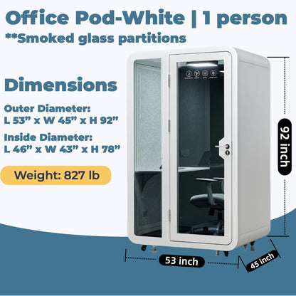 Solo Office Pod, Sound Pod, Mobile Office Pod Booth, SoundProof Booth for Office, Privacy pod, Mobile Roller with Desk, LED Light, Centrifugal Fans and AC USB Ports - White/Smoked Glass