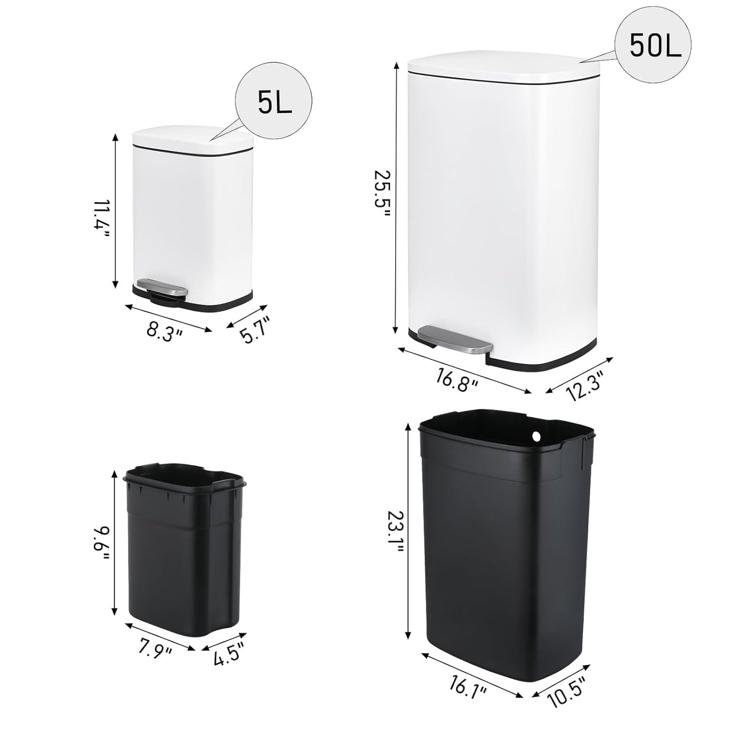 Arlopu 13.2+1.3 Gallon Step Trash Can, Stainless Steel Garbage Bin, Soft-Close Rubbish Bin with Removable Plastic Inner Bucket, Fingerprint-Proof, Lid Dustbin, for Kitchen Home (White)