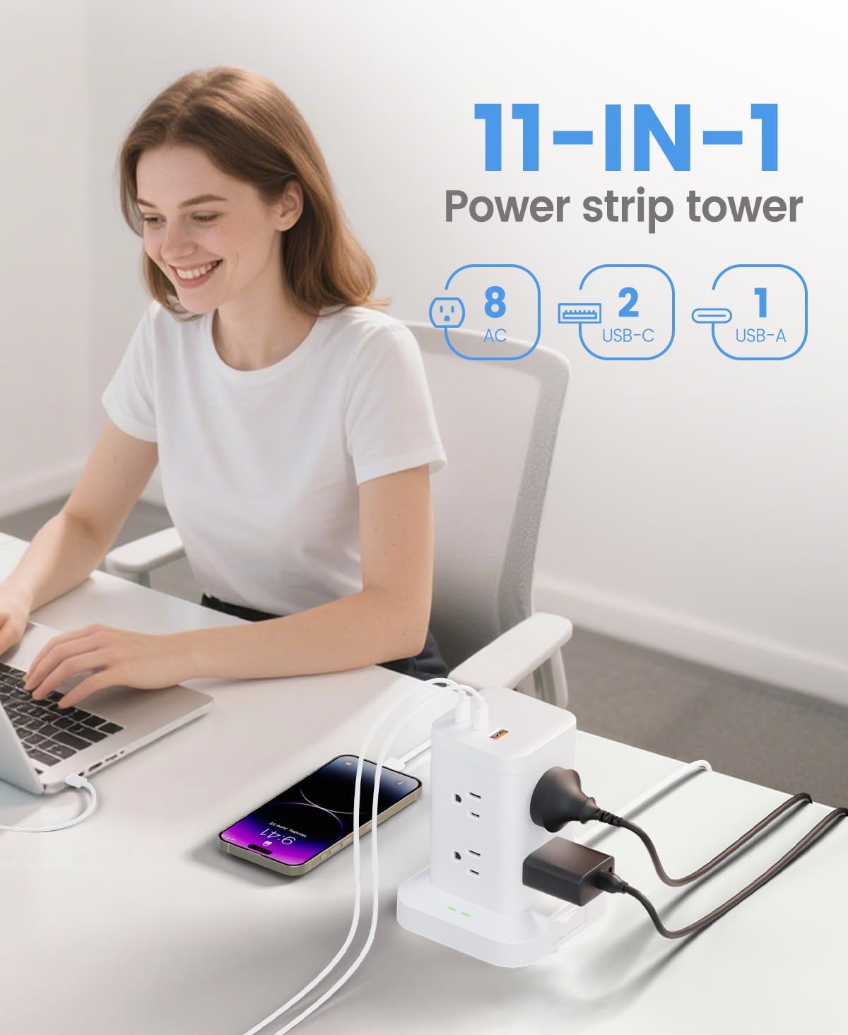11-in-1 Power Strip Tower with Surge Protector 1800J, Fast Charging Tower PD20W USB-C Ports with 8 AC Outlets, 6ft Extension Cord for Home Office Dorm Room, White