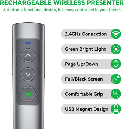 Metallic Presentation Clicker Presenter Remote - Rechargeable Wireless Presenter with Green Laser Pointer, 2 in 1 USB Clicker for PowerPoint & Google Slides, Compatible with MacBook/PC
