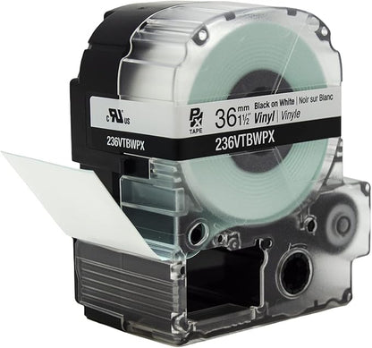 Epson LABELWORKS 236VTBWPX Genuine Tape Cartridge - Black on White Flexible and Durable Vinyl Industrial Label Maker Tape - 1.5" (36MM) Wide, 22.9 ft
