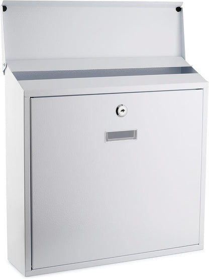 Metal Mailbox Steel office comment Suggestion ballot Box Secure Box With top special Wide Slot for envelopes Wall Mount with pre drilled holes Drop Box for Home and Office 14.3H x 14.6W x 3.75D(White)