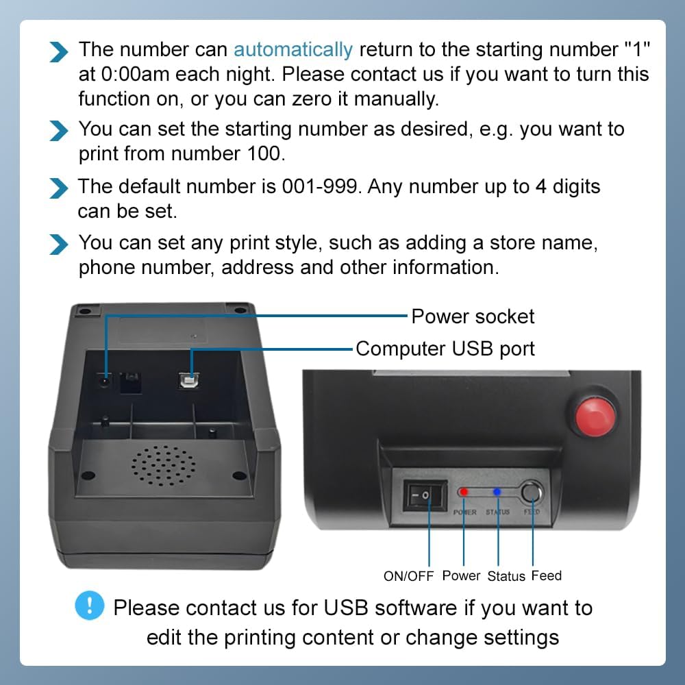 Take a Number System Electronic Queue Calling System with 1 Now Serving Number Display 3 Next Call Button 1 Ticket Dispenser Printer 57mm Thermal Receipt Rolls 1 Remote Control for Office Window
