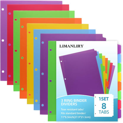 Colorful Binder Dividers with Tabs,Plastic Index with 8-Tabs,for 3 Ring Binder,6 Sets