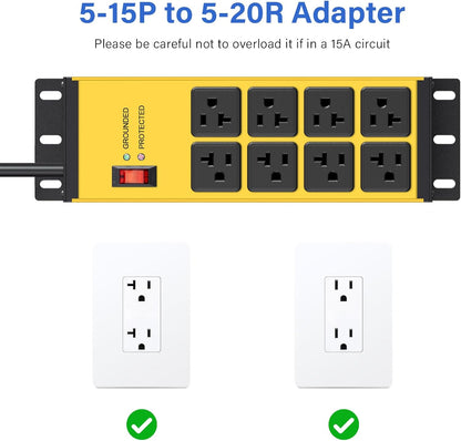 CCCEI Yellow Heavy Duty Power Strip Surge Protector 20 AMP, 8 Outlets 12 Gauge Industrial Shop Garage Metal Multiple Outlets, 20 FT Extension Cord 5-15P Adapter High Amp 6-20R T-Slot 20a for Appliance