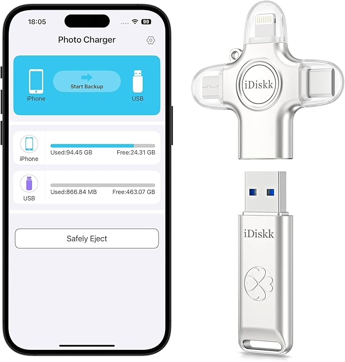 iDiskk 128 GB Auto-Secure-Backup USB Flash Drive Thumb Drive - iPhone Memory Storage to Transfer & Backup Photos, Videos,Photo Stick for iPhone,iPad, Android, Mac & PC