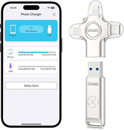 iDiskk 128 GB Auto-Secure-Backup USB Flash Drive Thumb Drive - iPhone Memory Storage to Transfer & Backup Photos, Videos,Photo Stick for iPhone,iPad, Android, Mac & PC