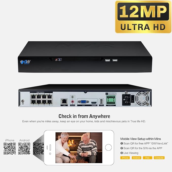 GW Security 8 Channel NVR UltraHD 12MP 4K @30FPS Face/Human/Vehicle Detection PoE Security Camera System with 4 x 12MP IP Microphone Smart AI Dome Cameras, Color Night Vision, Outdoor/Indoor Camera