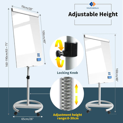 Rolling Whiteboard Magnetic Writeboard 40"x28" Flip Chart with 5 Wheels Adjustable Height Multi-Use Standing Bulletin Board (White)