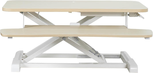 VIVO 28 inch Desk Converter, K Series, Height Adjustable Sit to Stand Riser, Dual Monitor and Laptop Workstation with Keyboard Tray, Light Wood Top, White Frame, DESK-V028KF