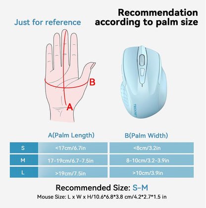 TECKNET Wireless Mouse (BT5.0/3.0 & 2.4G) Rechargeable 4800 DPI Silent USB A & Bluetooth Mouse 6 Buttons, Wide Compatibility - Lightblue