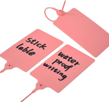 100 Plastic Tags: Big Waterproof Writable Label Ties with One Marker Pen (Pink)
