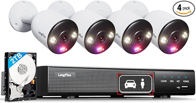 LongPlus Smart 4K 8CH Home Security Camera System, 4Pcs Wired PoE IP Cameras System Outdoor with Person/Vehicle Detection, 12MP 8CH NVR with 2TB HDD for 24-7 Recording, LP8ME84B1
